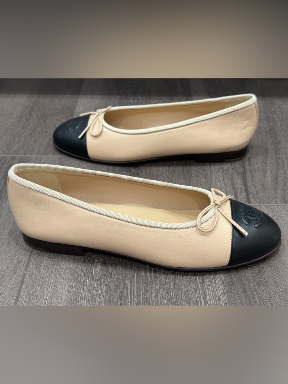 CHANEL Beige and Black Cap-Toe Ballet Flats - Picture 9 of 16